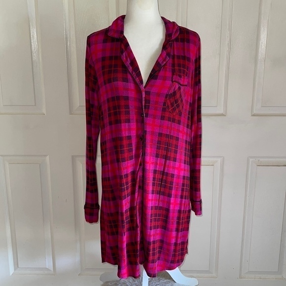 Isaac Mizrahi Pink, Red And Black Plaid Long Sleeve Button Down Sleep Shirt - Picture 1 of 6